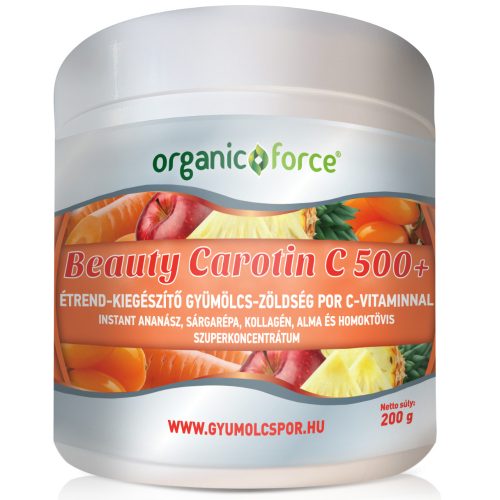 Organic Force Beauty Carotin C 500+ gyümölcs-zöldség szuperkoncentrátum por C-vitaminnal, kollagénnel, 200g