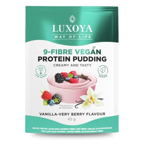 Luxoya Vegan fehérjét tartalmazó rostpuding 9 féle rosttal 45g - Vanília-erdei gyümölcs ízű