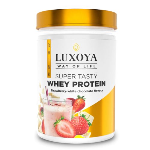 Luxoya Whey Protein tejsavó fehérje Eper-fehércsokoládé PET 450 g