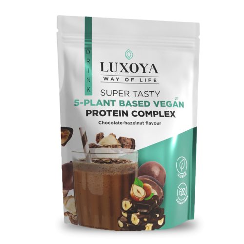 Luxoya Vegan Super Tasty 5 féle növényi fehérjeforrást tartalmazó vegán fehérje italpor , csokoládé-mogyoró