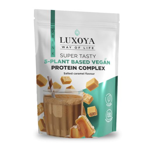 Luxoya Vegan Super Tasty 5 féle növényi fehérjeforrást tartalmazó vegán fehérje italpor 450g DOY , sós karamella