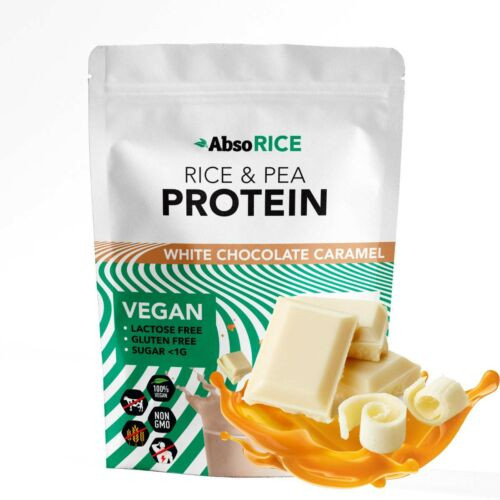 AbsoRICE protein Fehércsokoládé-karamell vegán fehérjepor 500g